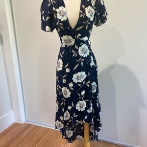 Lulu's Navy Floral Wrap High-Low Dress